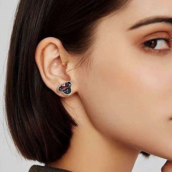 Rose Gold with Red and Black Cubic Zirconia Minnie Mouse Post Back Stud Earrings - Picture 4 of 7